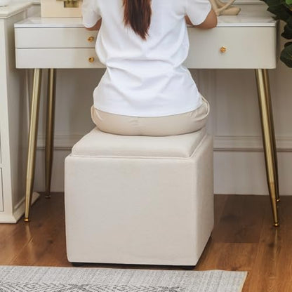 Storage Square Ottoman with Tray, Small Linen Foot Rest Stool Cube, Coffee Table for Dorm Living Room Bedroom, Beige - color: Beige