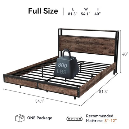 Susalt Full Size Bed Frame with Storage Headboard, Sturdy Metal Platform Bed Frame with LED Lights and Charging Station, Easy Assembly, No Box Spring Needed, Noise Free, Rustic Brown - size: Full