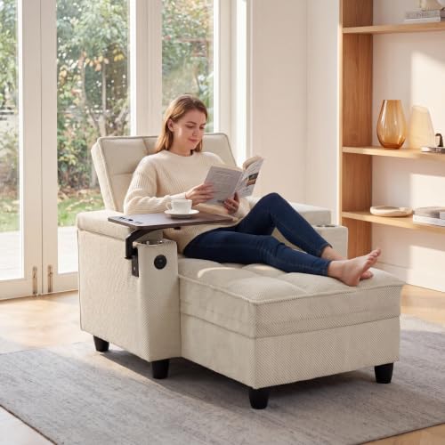 Convertible Sleeper Chair, Pull Out Sofa Bed with Adjustable Backrest & Hidden Storage Armrest, Single Sofa Recliner with USB Charging Port & Cup Holders for Living Room, Bedroom, Beige - color: C-beige-p8