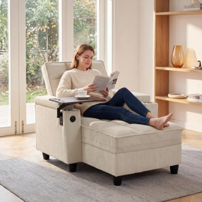 Convertible Sleeper Chair, Pull Out Sofa Bed with Adjustable Backrest & Hidden Storage Armrest, Single Sofa Recliner with USB Charging Port & Cup Holders for Living Room, Bedroom, Beige - color: C-beige-p8