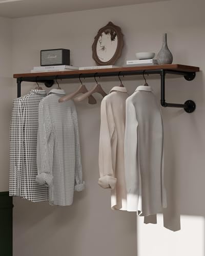 Clothes Rack 42in, Wall Mounted Garment Racks with Real Brown Wood Shelf, Heavy Duty Hanging Clothes Rack, Multi-Purpose Hanging Rod, Space-Saving Closet Storage - color: Brown, size: 1T42IN