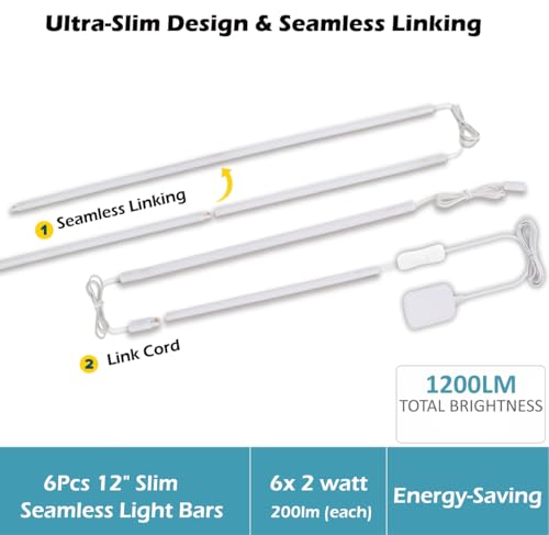Cefrank 6-Pack Linkable Under Cabinet Lighting, 12" LED Shelf Light Bars | 1200LM Cool White • Plug-in • CRI90+ • Frosted Lens • Pantry • Bookshelf • Workbench - color: White