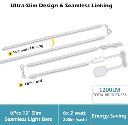 Cefrank 6-Pack Linkable Under Cabinet Lighting, 12" LED Shelf Light Bars | 1200LM Cool White • Plug-in • CRI90+ • Frosted Lens • Pantry • Bookshelf • Workbench - color: White
