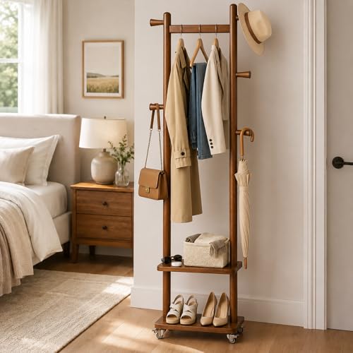 Small Clothes Rack Solid Wood Coat Rack Freestanding with Wheels | Space Saving, Stable 5 Hooks 2 Shelves Coat Tree, Silent 360 Degree Wheels, Heavy Duty 150 lb Capacity for Entryway Bedroom - color: Walnut Brown, size: S: 15.7" x W: 11.8" x H: 70" (With