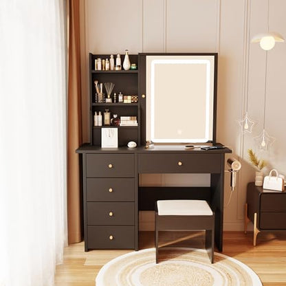 Vanity Desk with Mirror and LED Lights, Makeup Vanity Set with Power Outlet, and Stool,Jewelry Storage,Black Vanity Desk for Bedroom - style: Black