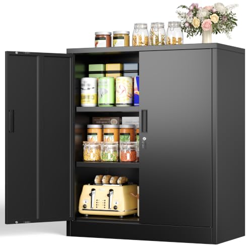 CJF Pantry Cabinet, Metal Pantry Storage Cabinets with Doors and 2 Adjustable Shelves, 36" H Locking Cabinet for Kitchen Storage, Home, Garage, Utility Room and Basement, Black - color: Black, size: 36"Hx 32"Wx 16"D-0Drawer