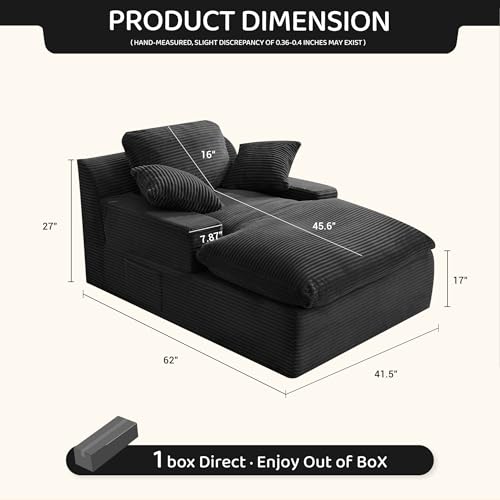 63" Chaise Lounge Chair Indoor, Set of Convertible Sleeper Sofa Couch with Throw Pillows & Side Pockets, Corduroy Upholstered Oversized Sofa Bed with Armrests for Living Room Bedroom, Black