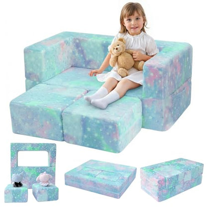 MeMoreCool Glow in Dark Star Kids Couch, Modular Fold Out Loveseat | Glow in dark star kids couch, colorful modular loveseat for bedroom playroom furniture - color: Colourful Star