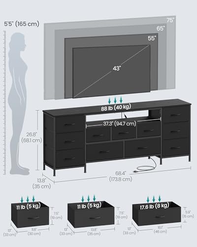 SONGMICS BELLAH Collection - TV Stand for TVs Up to 70 Inches, Dresser for Bedroom, Living Room, Chest of Drawers, Steel, 11 Drawers and Shelf, Modern, Ink Black ULGS043B101S - color: Ink Black, size: 13.8"D x 68.4"W x 26.8"H (11 Drawers)