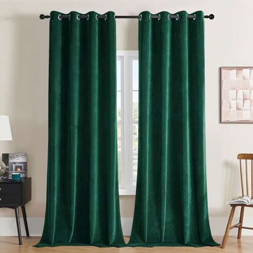 Joydeco Dark Green Velvet Curtains 63 Inches Long, Luxury Grommet Blackout Curtain 2 Panels, Thermal Insulated Privacy Room Darkening Window Drapes for Bedroom Living Room Home Theatre (52Wx63L) - color: *Grommet | Dark Green, size: 52"W x 63"L (Pack of 2