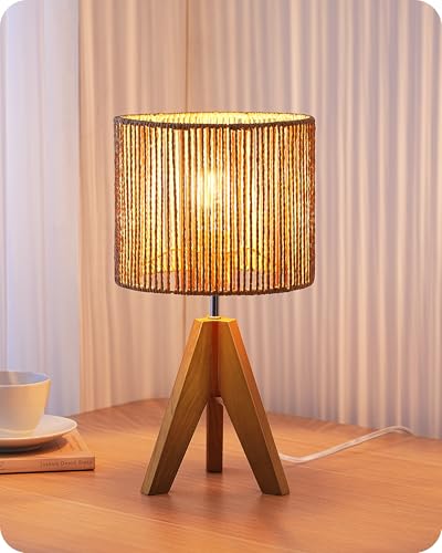 EDISHINE Small Rattan Table Lamp, Wood Tripod Bedside Lamp, 14.2", E26 Base | Natural Style, E26 Socket, Boho Nightstand Light for Living Room, End Table, Office, Rosewood Color&Vertical Stripe Shade - color: Rosewood Color&Vertical Stripe Shade