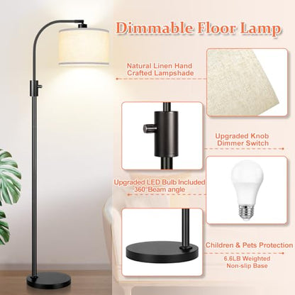 Nintiue Upgraded Modern Arc Dimmable Tall Standing Floor Lamp with Linen Shade, 1200 Lumens LED Bulb Included, for Living & Reading Room, Bedroom, Office & Nursery, Matte Black - color: Matte Black-Beige Linen Shade