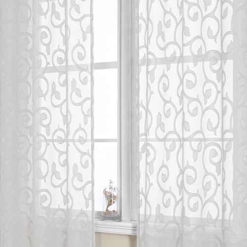 Furman Sheer White Curtains 84 inches Long for Bedroom Living Room 2 Panels Set, White Curtains Jacquard Clip Light Filtering Semi Sheer Curtain Rod Pocket Window Drapes, Each 52Wx84L inch - color: White, size: 52"W x 84"L (Pack of 2)