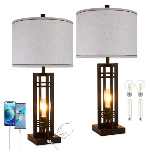 Set of 2 Farmhouse Table Lamps for Living Room,27-inch Bedside Lamps | Cream Shade Desk Lamps with USB A+C Ports, 3-Level Dimmable Touch Light, 4 LED Bulbs Included, Bedroom Home Office Nightstand - color: Beige