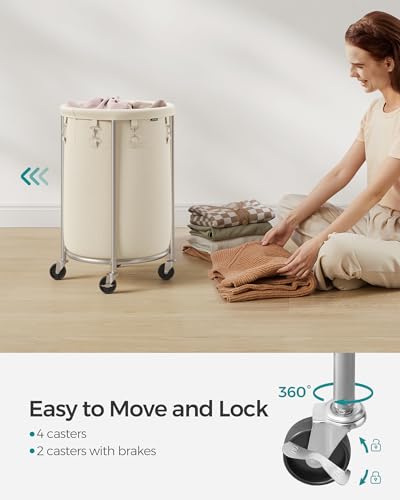 SONGMICS Laundry Basket, Rolling Steel Frame with 2 Locking Wheels, 70 L | Heavy-Duty Laundry Hamper Cart with Removable Bag, Cream White and Metallic Silver, URLS006W01 - color: Cream White + Metallic Silver, size: 70 L (1-Section)