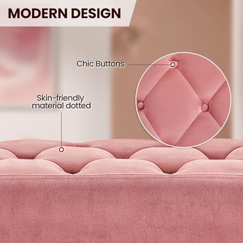Yaheetech 45in Upholstered Velvet Ottoman Bench Seat with Gold Legs, Pink | Tufted Upholstered Bench Seat, Bed Bench with Tapered Gold Metal Legs, Sized for Window Seat Entryway Living Room - color: Pink