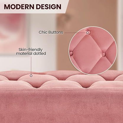 Yaheetech 45in Upholstered Velvet Ottoman Bench Seat with Gold Legs, Pink | Tufted Upholstered Bench Seat, Bed Bench with Tapered Gold Metal Legs, Sized for Window Seat Entryway Living Room - color: Pink