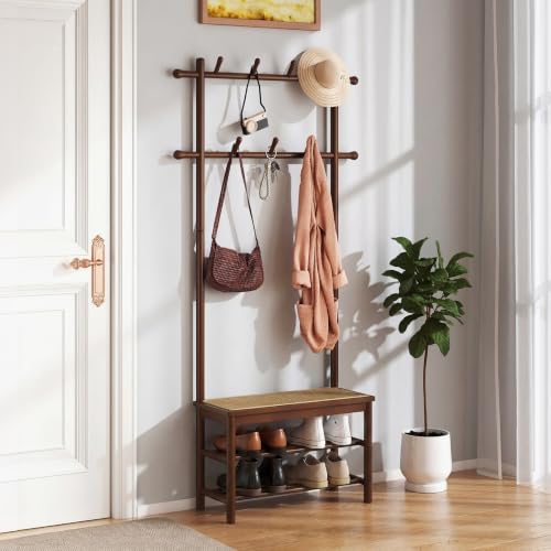 GIANTEX 3-in-1 Hall Tree with Bench and Shoe Storage, 11 Hanging Rods,Brown | Bamboo Coat Rack Freestanding w/ PE Rattan Bench & 3-Tier Shoe Rack, Narrow Mudroom Storage Organizer for Entryway Bedroom - color: Brown
