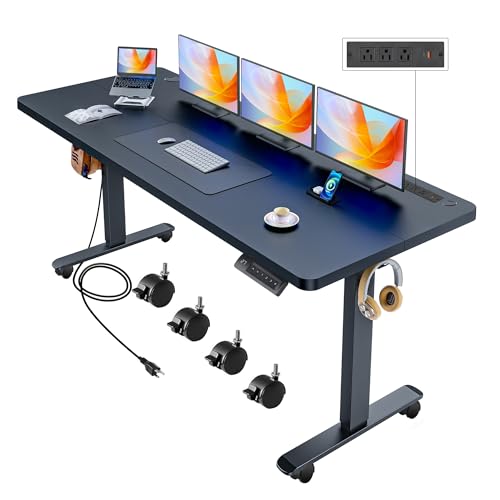 Electric Standing Desk with Wheels, 63'' x 24'' Standing Desk Adjustable Height with Charging Station, 2 USB Ports, 3 Power Outlets, 4 Caster, 27''-46'' Lifting Range Stand up Desk(Black) - color: Black, size: 63 x 24''