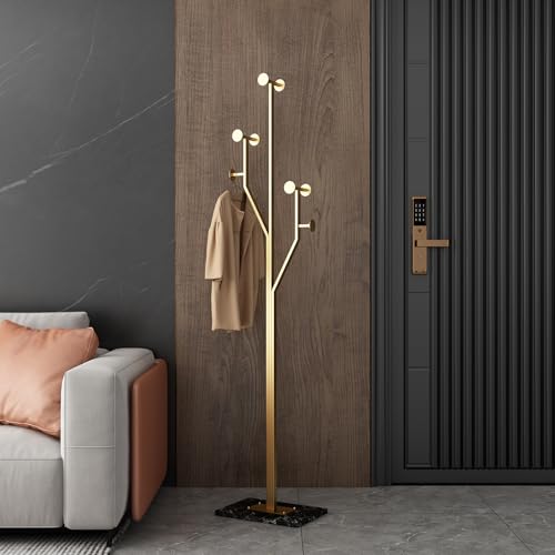 Freestanding Coat Rack Coat tree for Entryway Bedroom (Gold) | Tree-shaped, Easy Assembly, Space Saver, Heavy Duty, Metal Frame, Marble Base, 8 Hooks, Living Room, Office, Corner - color: Gold