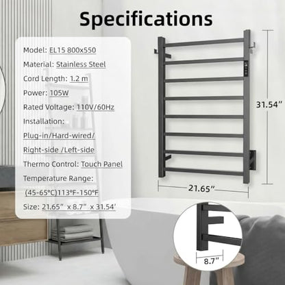 P&Dlusir EL18 Towel Warmer, 8 Bar, Matte Black | Heated Towel Rack, Fast Heat & Fast Dry, Smart Timer & Thermo Control, Stainless Steel, Hard-Wired/Plug-in - color: Matte Black, size: 8 Bar