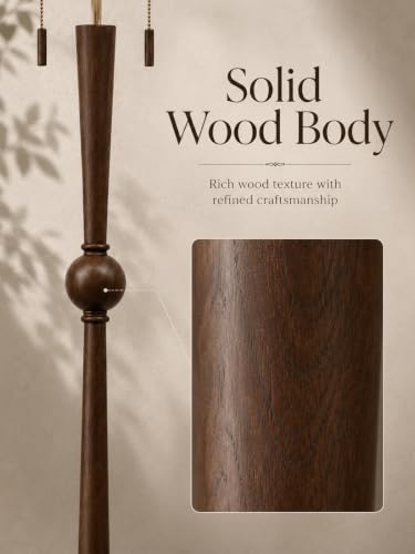 MOFFE Solid Wood Floor Lamp for Living Room,Pull Chains Standing Lamp | 62.8" Tall,17" White Drum Shade,Sculptural Wood Base & Stem,2-Light Design,Standing Lamp for Bedroom,2 Bulbs Included - color: Espresso Walnut