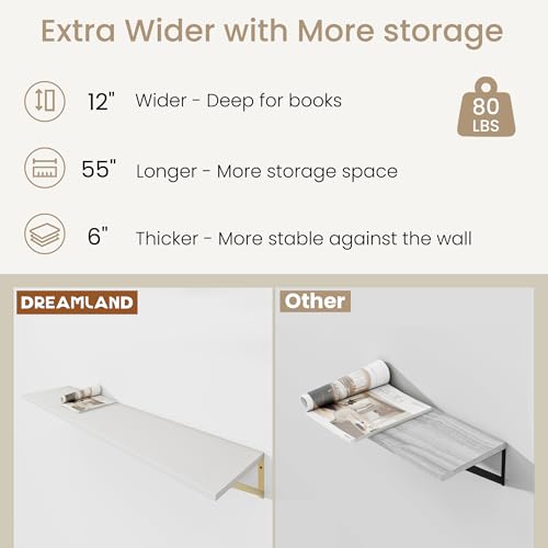 Dreamland Wall Mounted Floating Shelves Set of 2, 55x12, White&Gold | Engineered Wood, Visible Bracket, Large Storage, Hold Up to 80lbs, Living Room, Bathroom, Bedroom, Kitchen - color: White&gold, size: 55"W x 12"D