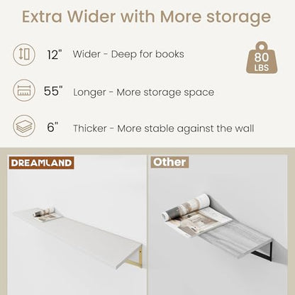 Dreamland Wall Mounted Floating Shelves Set of 2, 55x12, White&Gold | Engineered Wood, Visible Bracket, Large Storage, Hold Up to 80lbs, Living Room, Bathroom, Bedroom, Kitchen - color: White&gold, size: 55"W x 12"D