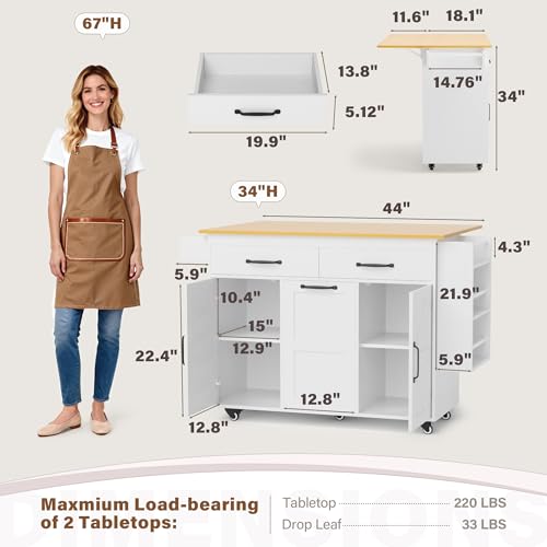YESHOMY Kitchen Island on Wheels with Trash Cabinet, 56" Mobile Cart with Drop Leaf and Drawers, Rolling Portable Table with Spice Rack & Towel Holder for Dining Room, White & Oak - color: White & Oak