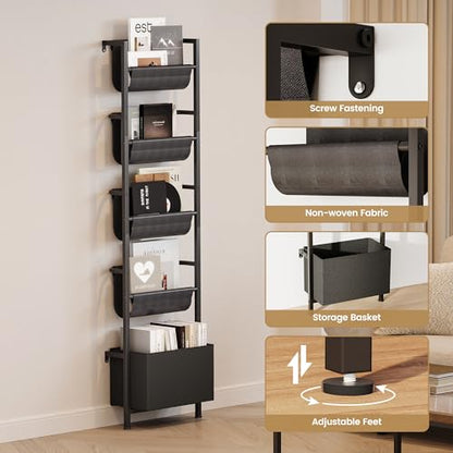 Homeiju Wall Mounted Kids Bookshelf with Storage Bin, 5-Tier Ladder Shelf, Suitable for Books, Toys, Magazines, Documents, Albums, Black - color: Black
