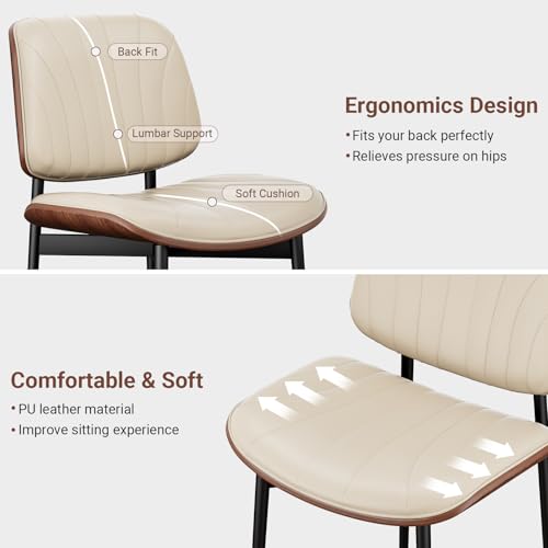 YaFiti Mid Century Dining Chairs Set of 2 with Walnut Bentwood, Greige | Ergonomic Walnut Backrest, Upholstered Waterproof PU Leather Seat, Stable Metal Legs, Adjustable Footpads, Apartment Friendly - color: Greige Scallop