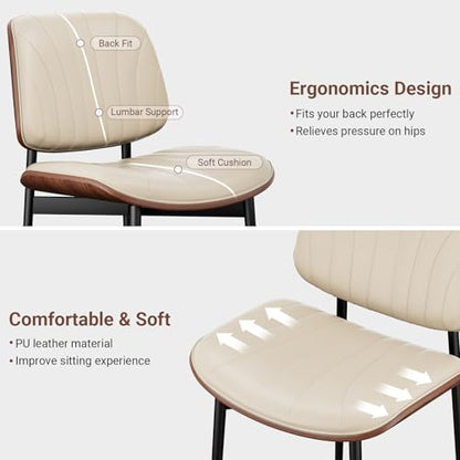YaFiti Mid Century Dining Chairs Set of 2 with Walnut Bentwood, Greige | Ergonomic Walnut Backrest, Upholstered Waterproof PU Leather Seat, Stable Metal Legs, Adjustable Footpads, Apartment Friendly - color: Greige Scallop