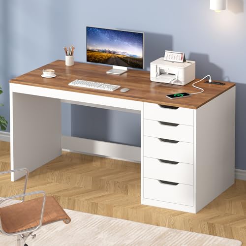 47 Inch Small Computer Desk with 5 Drawers and Outlets for Home Office | Home Office Desks with Storage File Cabinet and Charging Station, Modern Simple Laptop Desk Writing Table, Brown and White - color: Brown and White