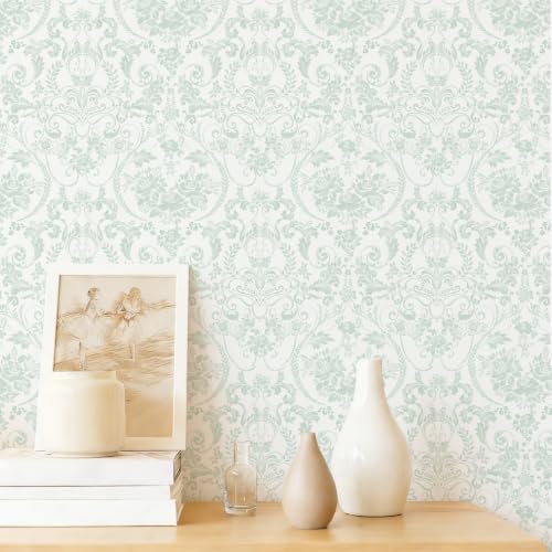 Ismoon Peel and Stick Wallpaper Green Contact Paper 17.3in x 32.8ft Vintage Floral Wallpaper Boho Damask Removable Textured Wall Paper for Bedroom Bathroom Shelf Cabinet Décor - color: Green and White, size: 17.3" x 393"