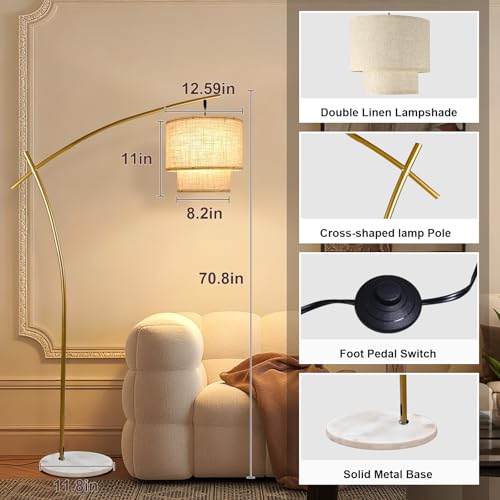 Lightdot Arc RGB Floor Lamp for Living Room, Modern Standing Lamps with Remote Control, Corner Lamp Tall Hanging Pole Lamp with Smart Bulb Included Double Linen Lamp for Bedroom Sofa Beside/Home Decor - color: RGB-Gold