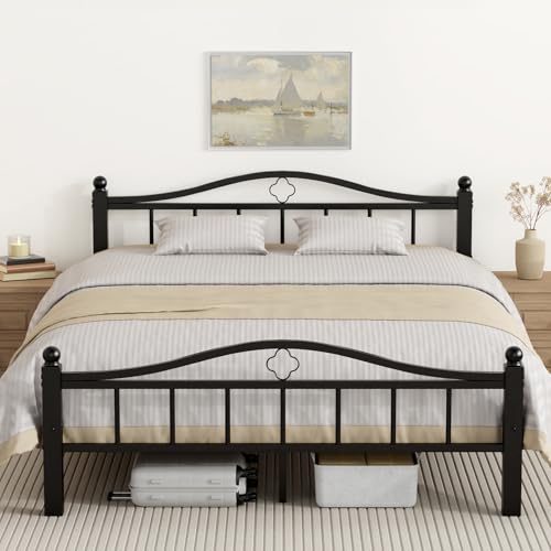 Metal Queen Bed Frame with Headboard | Noise-Free Design, Underbed Storage, Heavy Duty, No Box Spring Needed, Tool-Free Assembly - color: Queen -Black