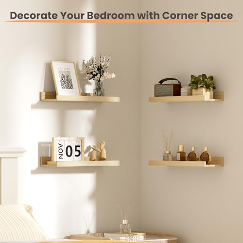 upsimples Floating Shelves for Wall Decor Storage, Natural, 6Pcs, 15.7'' | Wall Mounted Wood Shelves for Living Room, Bedroom, Bathroom, Kitchen, Office, Laundry Room Display and Organize - color: Natural, size: 15.7in