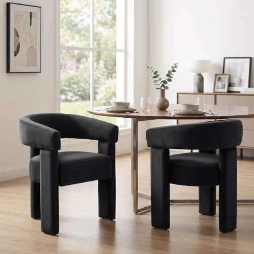Black Velvet Modern Barrel Dining Chairs Set of 2, Upholstered Accent Chairs with Back, Vanity Chair Comfy Armchair for Kitchen/Dining Room/Living Room - color: Black, size: Set of 2