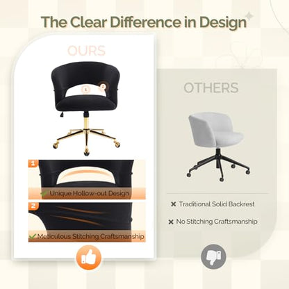 VINGLI Modern Curved Office & Vanity Desk Chair, Cute Upholstered Nail Chair with Wheels & 360° Swivel & Club & Tilting & Gold Base, for Bedroom, Living Room, Makeup, Velvet Chenille, Black - color: Black
