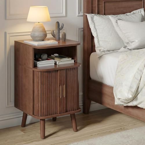 Alohappy Nightstand Set of 2, Mid Century Modern End Table with Storage, Fluted Bedside Table, Wooden Curved Profile Night Stands with Sliding Tambour Door for Bedroom, Living Room, Walnut - color: Walnut
