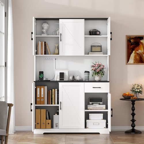 Gyfimoie 71’’ Farmhouse Kitchen Pantry Cabinet, Tall Storage Cabinet with Power Outlet, Freestanding Hutch with Drawer, 4 Adjustable Shelf & 6 Doors for Kitchen Living Room (White) - color: White