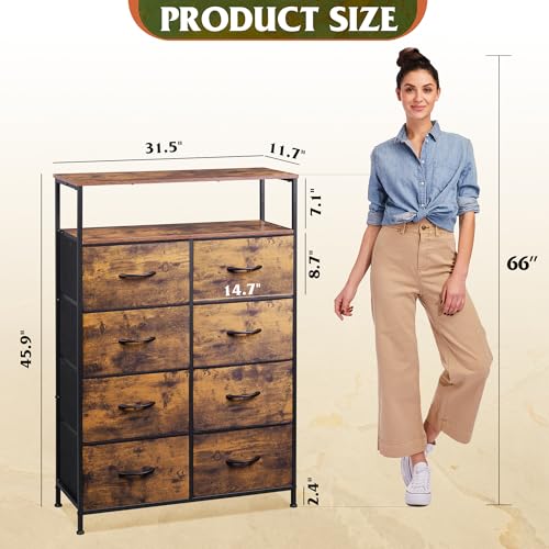 WLIVE Fabric Dresser for Bedroom with Open Shelves, Tall Dresser with 8 Drawers, Storage Tower with Fabric Bins, Chest of Drawers for Closet, Hallway, Rustic Brown Wood Grain Print | 8 fabric drawers plus open shelves, steel frame with wood top, great for