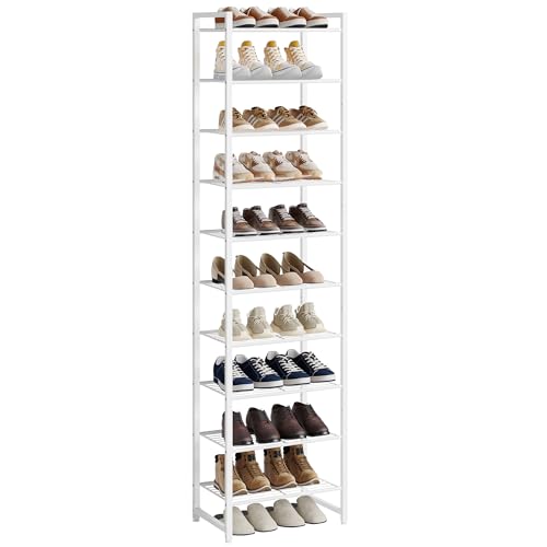 Nunsino Narrow Shoe Rack, 10-Tier Metal Shoe Organizer,Tall Shoe Shelf with Anti-Tip Strap, Max Holds 22 Pairs,Space Saving for Closet,Entryway,White - color: White, size: 10 Tier