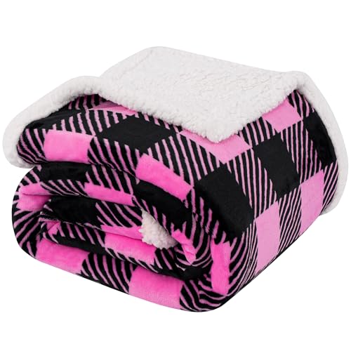 Sherpa Plaid Twin Blanket 60" X 70", Fuzzy Fluffy Soft Cozy Throw Blanket, Twin Size Plush Fleece Flannel Plush Microfiber Blanket for Couch Bed Sofa (Rosepink) - color: Rosepink