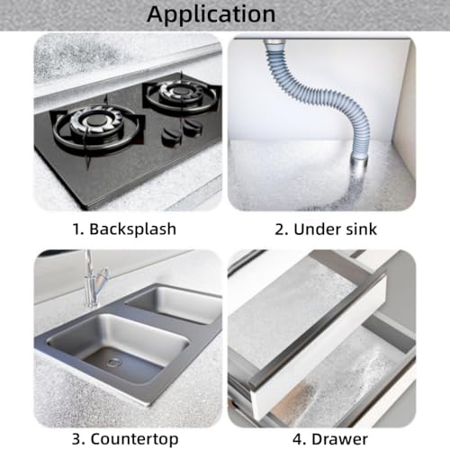 Soqool Kitchen Oil Proof Sticker, Peel and Stick Aluminum Foil Backsplash Wallpaper, Self Adhesive Waterproof Contact Paper for Cabinet, Drawer, Shelf Liner, Countertop Cover, 15.7 x196.8 Inch - color: Silver-texture, size: 15.7"W x 196.8"L