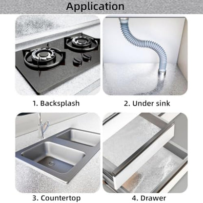 Soqool Kitchen Oil Proof Sticker, Peel and Stick Aluminum Foil Backsplash Wallpaper, Self Adhesive Waterproof Contact Paper for Cabinet, Drawer, Shelf Liner, Countertop Cover, 15.7 x196.8 Inch - color: Silver-texture, size: 15.7"W x 196.8"L