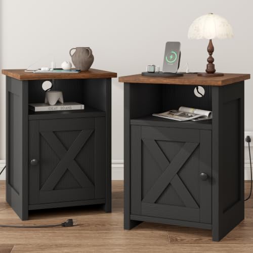Farmhouse End Table Set of 2 w/Charging Station, Nightstands w/Barn Door & Storage Shelf, Rustic Bedside Table for Living Room, Bedroom, Entryway, Office, Small Spaces, Black