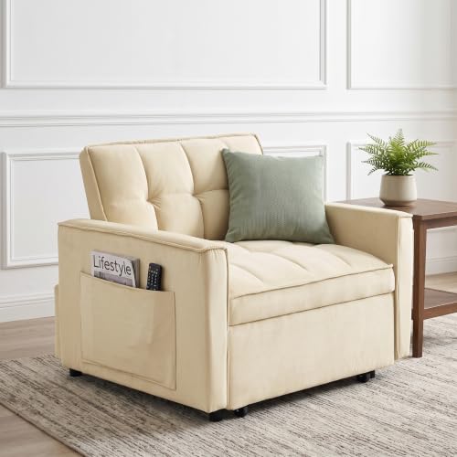 Sleeper Chair with Pull Out Bed, 3 In1 Convertible Chair Bed, White | Adjustable Backrest with Multiple Reclining Positions, Soft Cushioning, Handy Side Pocket, Perfect for Everyday Lounging - color: W-white-m1
