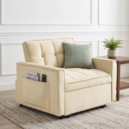 Sleeper Chair with Pull Out Bed, 3 In1 Convertible Chair Bed, White | Adjustable Backrest with Multiple Reclining Positions, Soft Cushioning, Handy Side Pocket, Perfect for Everyday Lounging - color: W-white-m1