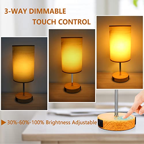 HiBay 17.75" Touch 3-Way Dimmable Bedside Table Lamp with Charging Station | Touch control, 3-way dimming, USB-A USB-C & AC outlet, farmhouse wood-grain adds cozy warmth for living room office desk - color: Wood Grain, size: Set of 1